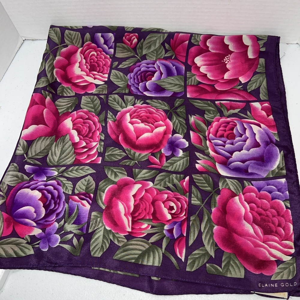 Elaine Gold For Collection XIIX 100% Silk 30" Square Scarf Roses Purple Pink